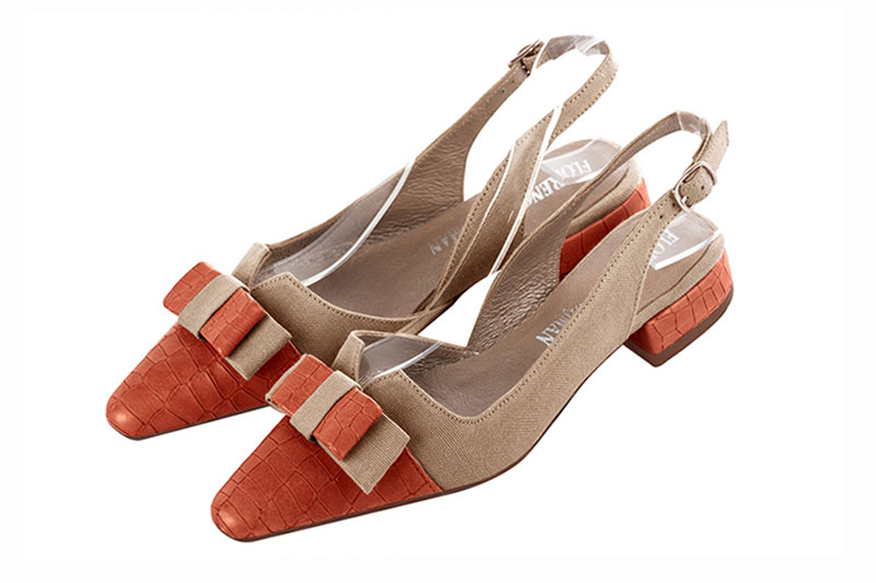 Terracotta orange and tan beige women's open back shoes, with a knot. Tapered toe. Flat block heels. Front view - Florence KOOIJMAN